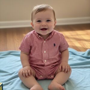 Ralph Lauren One-Piece Red-Checked Romper, Size XL, 18-24M, Preppy, 100% Cotton.